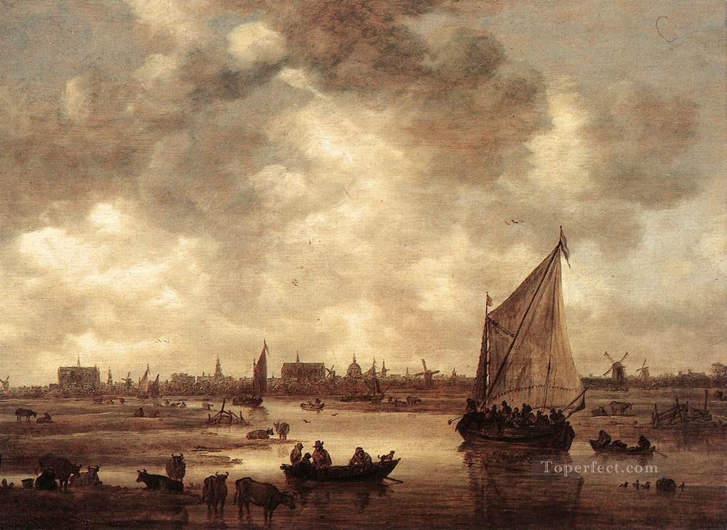 ライデン 1650 ボート海景の眺め ヤン ファン ホイエン油絵